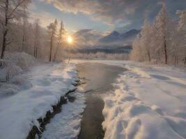 ai generato panoramico Visualizza di congelato lago contro cielo durante inverno foto