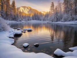 ai generato panoramico Visualizza di congelato lago contro cielo durante inverno foto