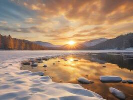 ai generato panoramico Visualizza di congelato lago contro cielo durante inverno foto