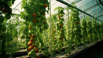 ai generato pomodori crescere nel un chiuso serra foto