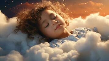 ai generato un' poco ragazza addormentato nel il nuvole foto