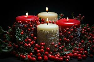 ai generato Natale lume di candela con un' cerchio di candele sempreverde e vivace rosso frutti di bosco, Natale immagine foto
