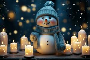 ai generato vicino su scena con un' pupazzo di neve illuminato di un' candela circondato di dolcemente raggiante inverno lanterne e alla deriva fiocchi di neve, natale immagini foto