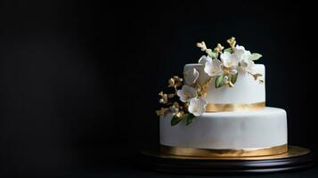 ai generato un' semplice e elegante bianca nozze torta con oro accenti. foto