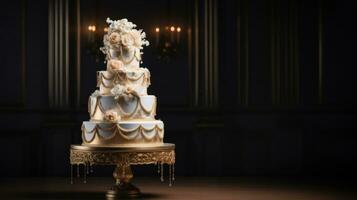 ai generato un' lussuoso e stravagante nozze torta con multiplo livelli e intricato particolari. foto