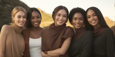 ai generato bellissimo giovane multietnico donne con naturale trucco. pubblicità per femmina moda Modelli, viso e corpo pelle cura. foto
