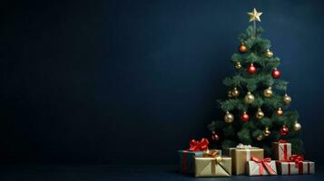 ai generato un' buio blu sfondo con un' di medie dimensioni Natale albero e un' pochi regalo scatole sotto foto