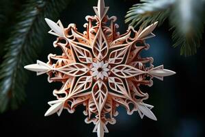 ai generato inverno fascino singolare fiocco di neve ornamento, natale immagini foto