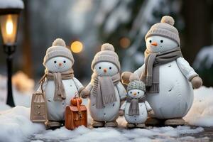 ai generato pupazzi di neve calza sorpresa inverno feste nel miniatura, natale immagini foto