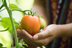 mano femminile che tiene il pomodoro in fattoria biologica foto