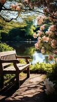 ai generato un' calmante Immagine di un' tranquillo, calmo giardino panchina circondato di fioritura fiori e verdura foto