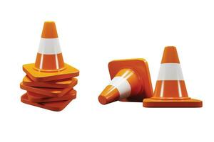 3d traffico coni con bianca e arancia strisce. cartello Usato durante costruzione o incidenti. 3d interpretazione su bianca sfondo foto
