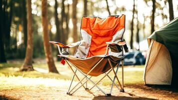 ai generato campeggio sedia nel il foresta. campeggio e viaggio concetto. foto