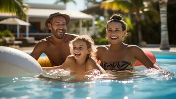 ai generato contento famiglia godendo un' giorno nel piscina, con bambini giocando su gonfiabili e genitori oziare nelle vicinanze foto