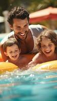 ai generato contento famiglia godendo un' giorno nel piscina, con bambini giocando su gonfiabili e genitori oziare nelle vicinanze foto