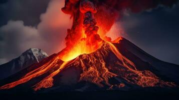 ai generato un' vulcano eruzione nel un' ardente Schermo di fuso lava e cenere foto