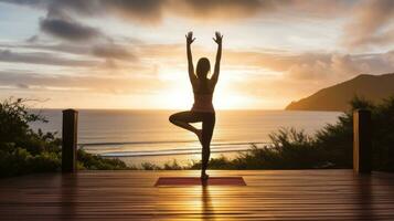 ai generato un' giovane donna praticante yoga su un' di legno ponte prospiciente il oceano foto