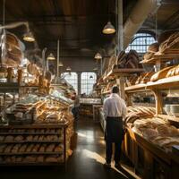 ai generato vivace forno, con fornai nel bianca grembiuli e cappelli in movimento in giro cremagliere di pane e pasticcini foto