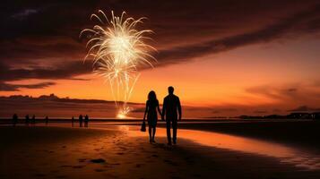 ai generato silhouette di un' coppia a piedi mano nel mano su il spiaggia con fuochi d'artificio illuminazione su il notte cielo foto