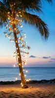 ai generato un' palma albero su un' spiaggia, circondato di un' corda di leggero lampadina ghirlande foto