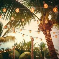 ai generato spiaggia festa con palma alberi e leggero lampadina ghirlande. foto