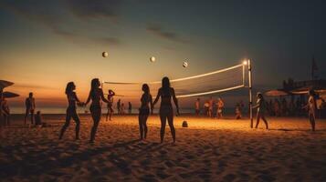 ai generato un' gruppo di persone giocando spiaggia pallavolo sotto il luci, con il suono di il onde. foto