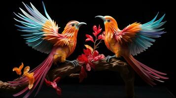 ai generato un' paio di tropicale uccelli impegnato nel un' giocoso danza foto