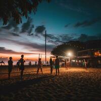 ai generato un' gruppo di persone giocando spiaggia pallavolo sotto il luci, con il suono di il onde. foto