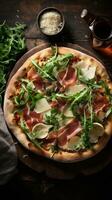 ai generato un' buongustaio Pizza con unico condimenti come come prosciutto, rucola, e rasato parmigiano formaggio foto