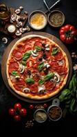 ai generato diverso tipi di Pizza, Compreso classico Margherita, peperoni, e fungo foto