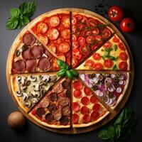 ai generato diverso tipi di Pizza, Compreso classico Margherita, peperoni, e fungo foto