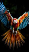 ai generato un' colorato pappagallo nel a metà volo, con suo Ali diffusione largo e suo piume un' arcobaleno di colori foto