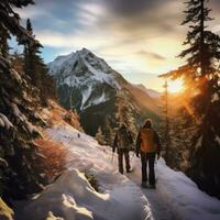 ai generato inverno escursioni nel il montagne foto