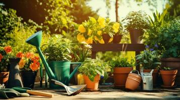 ai generato gruppo di giardino utensili dire bugie su un' tavolo circondato di pentole e impianti foto