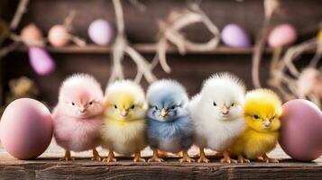 ai generato soffice Pasqua pulcini e colorato uova impostato contro un' rustico sfondo. foto