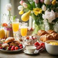 ai generato Pasqua brunch Oggetti, Compreso pasticcini, frutta, e bevande, impostato contro un' festivo sfondo foto