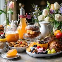 ai generato Pasqua brunch Oggetti, Compreso pasticcini, frutta, e bevande, impostato contro un' festivo sfondo foto