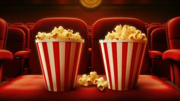 ai generato cinema posti a sedere con Popcorn e bevanda foto
