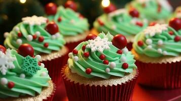 ai generato meravigliosamente decorato cupcakes con festivo rosso e verde glassatura e commestibile Natale decorazioni foto