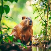 ai generato un' sbalorditivo Immagine cattura un' capibara nel suo naturale habitat foto