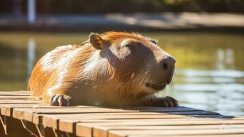 ai generato un' rilassante foto di un' capibara crogiolarsi nel il sole, godendo un' pigro pomeriggio