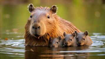 ai generato un adorabile foto di un' madre capibara con sua bambini, il amorevole legame fra queste animali
