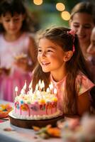 ai generato un' giovane ragazza soffiaggio su candele su un' torta circondato di sua amici foto