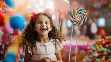 ai generato un' giovane ragazza Tenere un' gigante lecca-lecca e ghignante felicemente foto