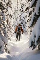 ai generato un' snowboarder navigazione attraverso un' foresta di innevato alberi foto