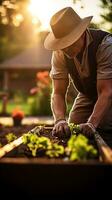 ai generato giardiniere in ginocchio nel davanti di un' sollevato giardino letto, piantare semi foto