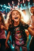 ai generato divertimento e giocoso foto di bambini danza e cantando lungo per loro preferito festa melodie