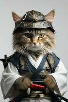 ai generato samurai gatto realistico Tenere un' katana spada foto