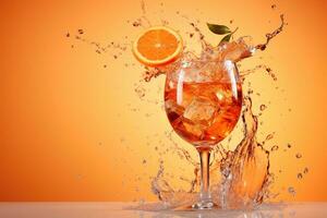 ai generato generativo ai, bicchiere di aperol spritz su neutro sfondo con schizzi, copia spazio per pubblicità foto