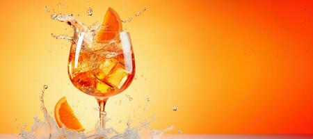 ai generato generativo ai, bicchiere di aperol spritz su neutro sfondo con schizzi, copia spazio per pubblicità foto